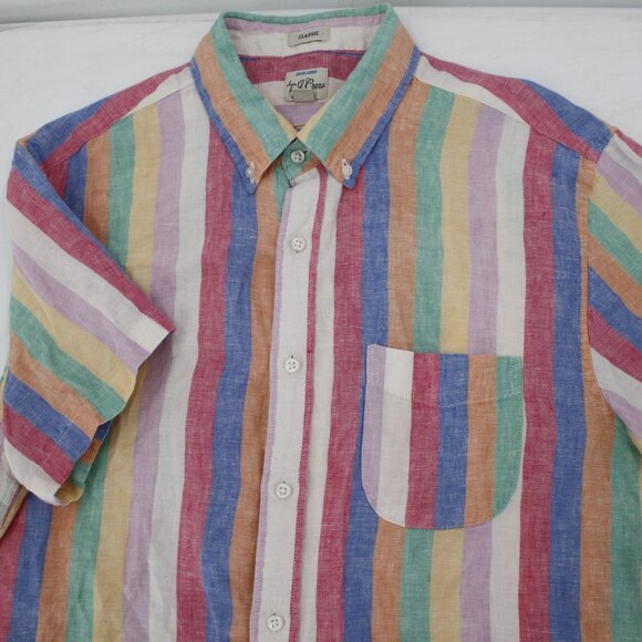 J Crew Shirt Men Large Baird McNutt Irish Linen Striped Button Down Short Sleeve - Picture 1 of 12